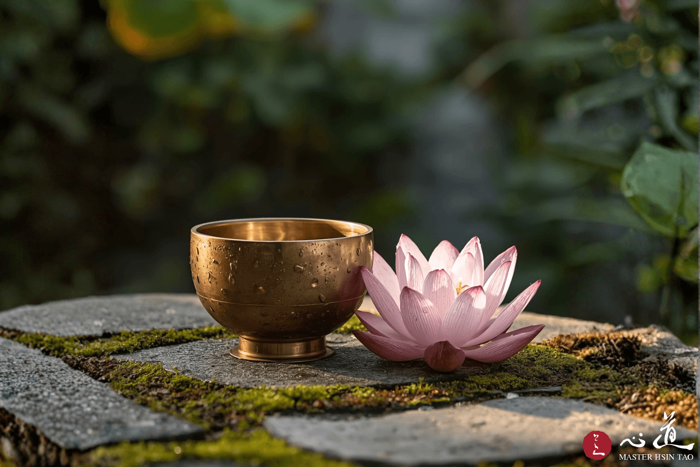 銅缽與蓮花並置石台，福慧雙修、清淨自在的修行境界——靈鷲山心道法師佛法開示